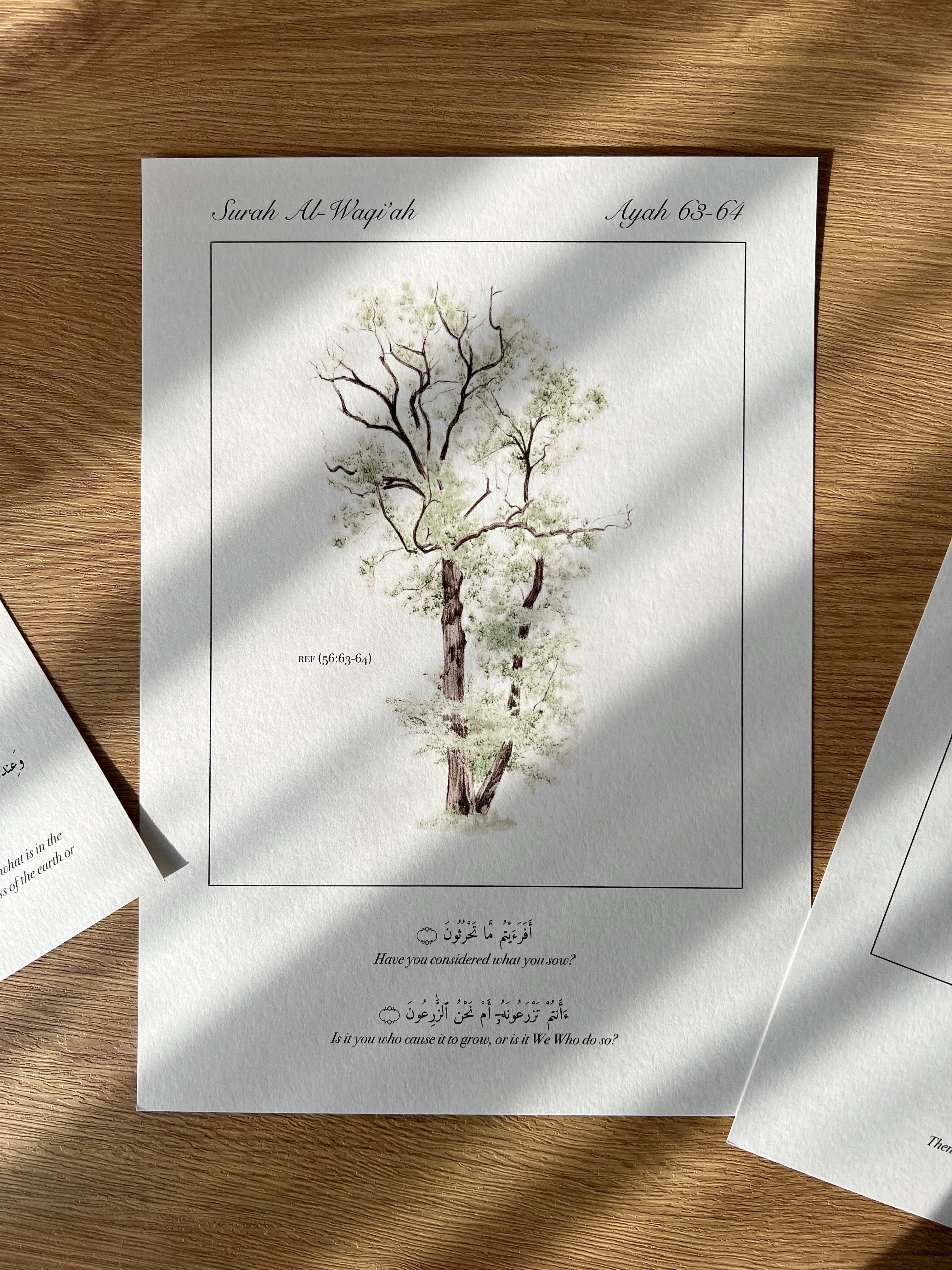 Minimalistic Islamic decor. A print inspired by the verses (56:63-64) of the Quran with a tree. The perfect gift, reminder and decor for muslims. 